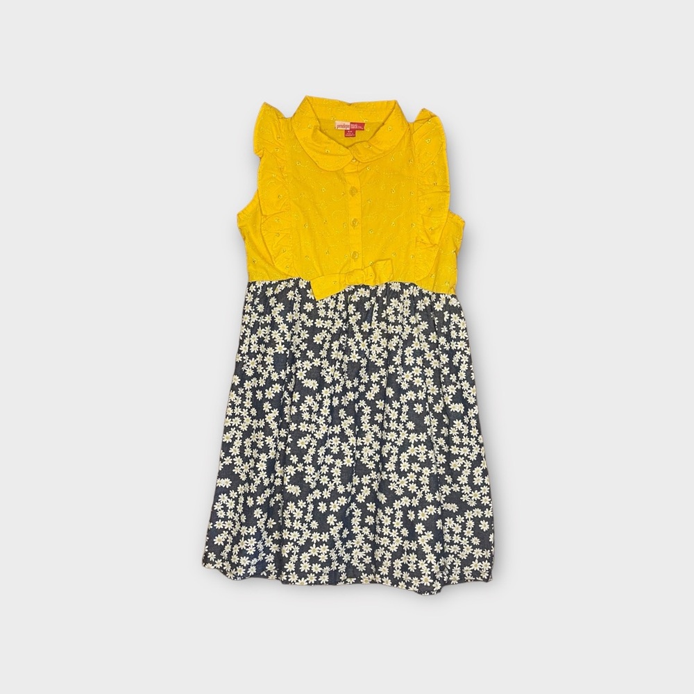 Penelope Mack Daisy Print Chambray Ruffle Dress